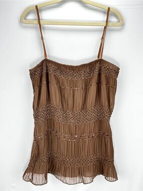 579 Brown Smocked Spaghetti Strap Camisole with Sequins